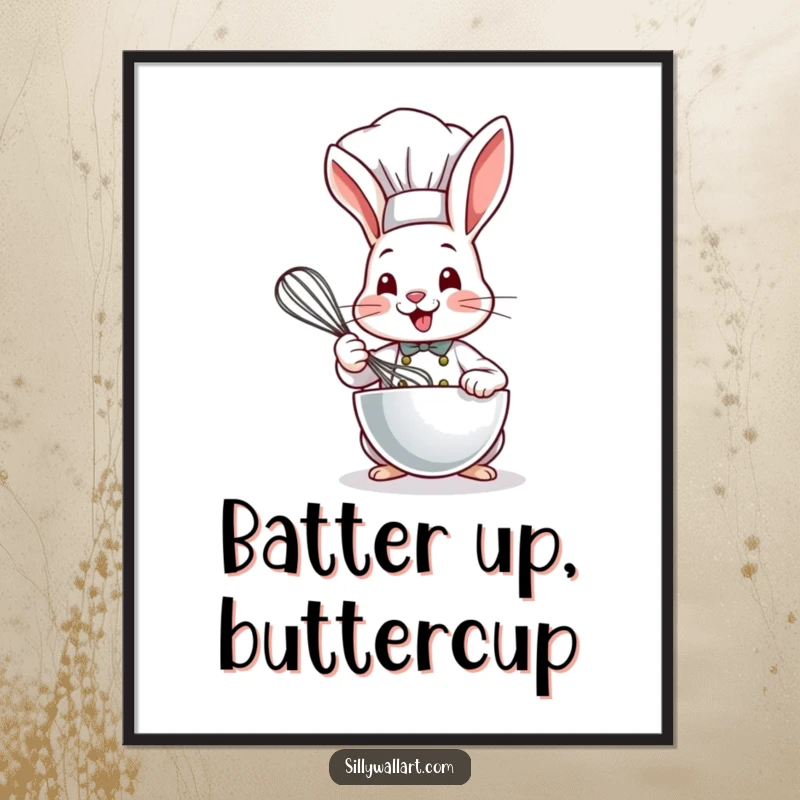 Funny Bunny Chef Poster depicting a cute bunny chef in a hat, whisking a bowl with a huge, happy smile.