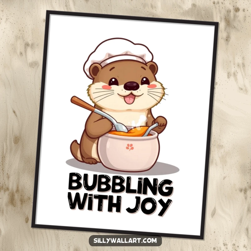 Funny poster art of a happy kawaii otter chef sampling from a bubbling pot, capturing a moment of pure culinary excitement.