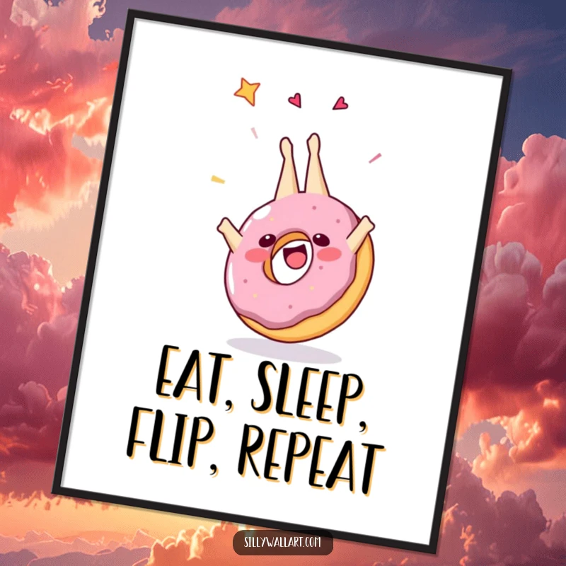 Funny poster of a happy, sprinkle-covered donut executing a celebratory somersault, bringing vibrant and humorous energy to wall decor.