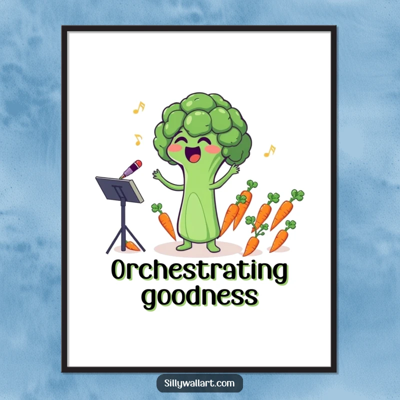 Funny poster showing a singing broccoli floret humorously conducting a tiny orchestra of carrots, musical wall art.
