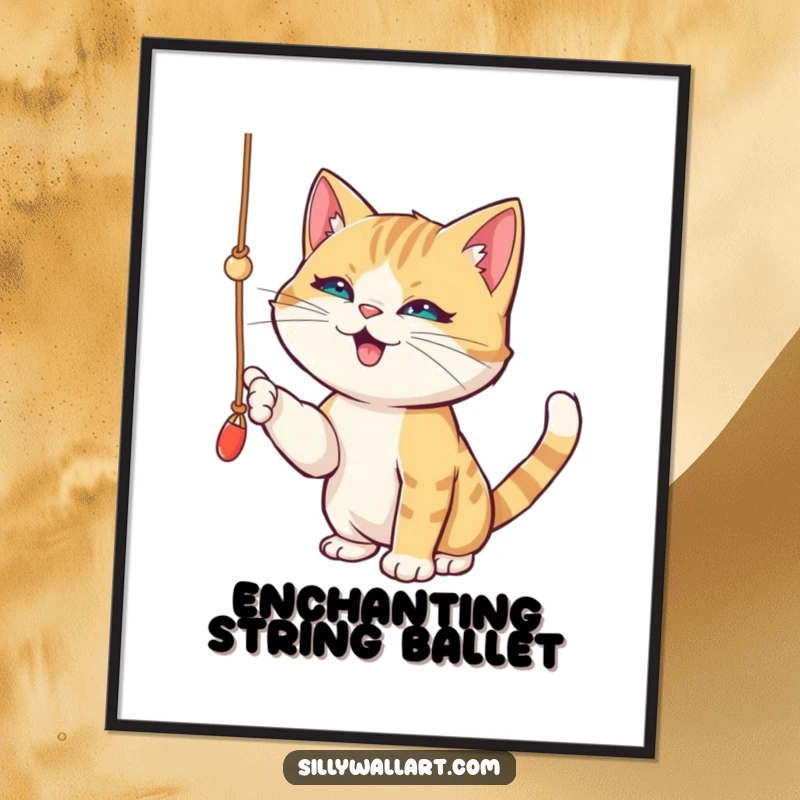 Funny poster featuring a playful cat batting with gusto at a dangling string, mischief clearly evident in its focused, gleeful expression.