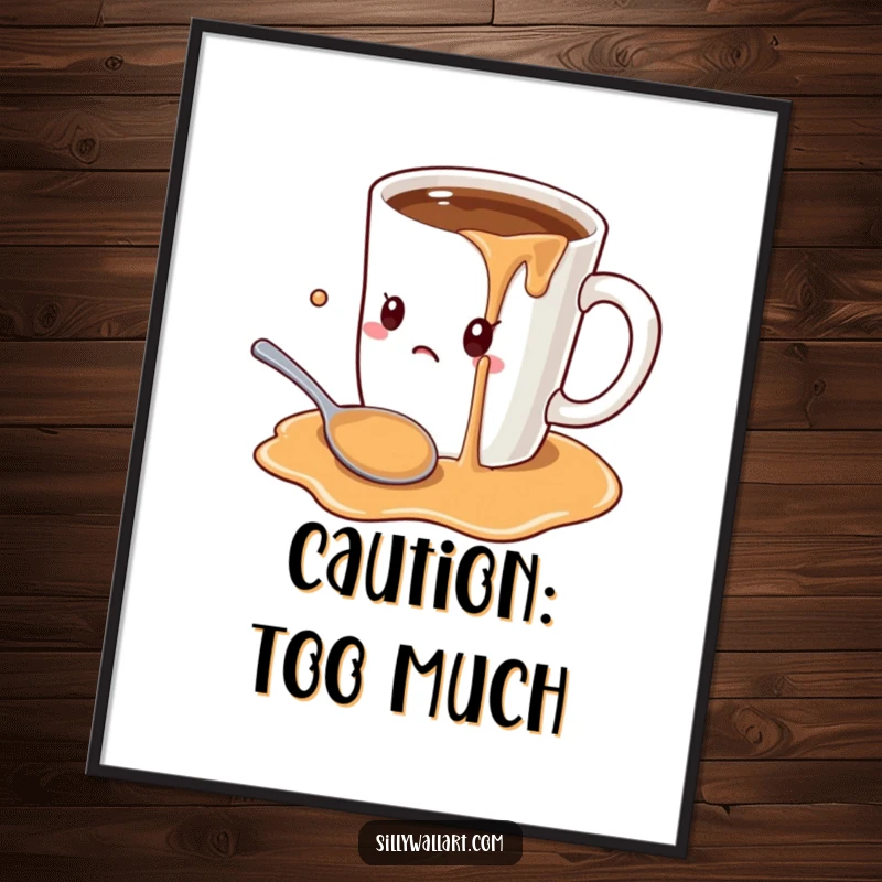 Funny cartoon oversized coffee mug overflowing onto a startled spoon, presented as vibrant wall art for humorous kitchen or office decor.