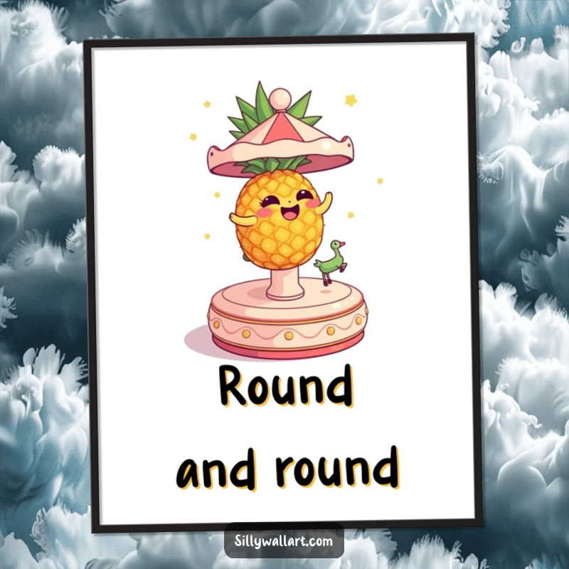 Funny Poster of a dizzy pineapple spinning wildly on a carousel, ideal for tropical decor.