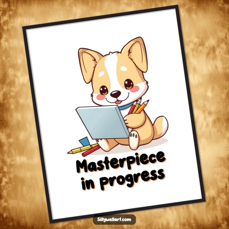 Funny Poster: A dog with a sketchbook and pencils, appearing inspired and ready to create art, bringing humor to decor.