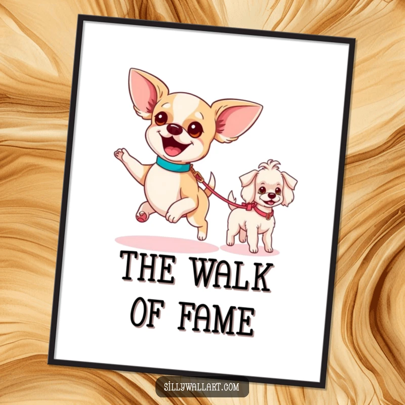 Funny poster depicting an excited chihuahua parading a tiny poodle on a leash, capturing the joyful spirit of dog walks.