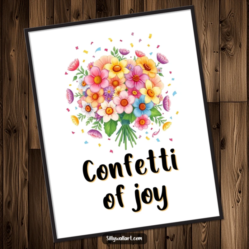 Funny poster: A joyful bouquet of flowers scattering confetti, bringing a dose of festive cheer to any room.