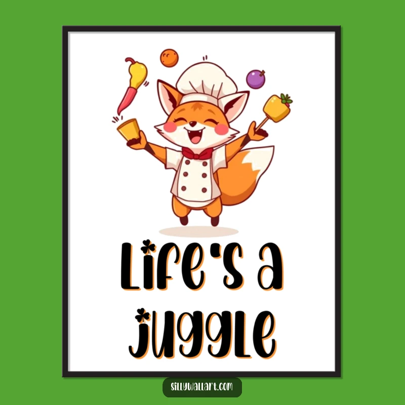 Funny Fox Chef Poster: Juggling Art, Perfect Kitchen Decor Gift!