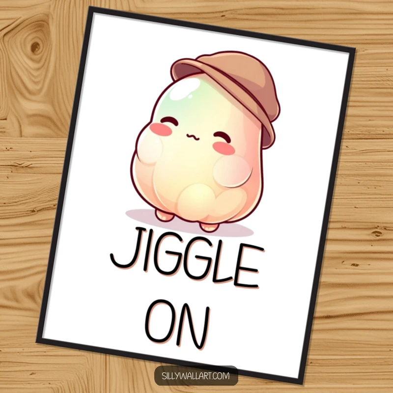 Funny jelly blob art print of a jiggly character uncontrollably wobbling while trying to wear a tiny hat, perfect for quirky decor.