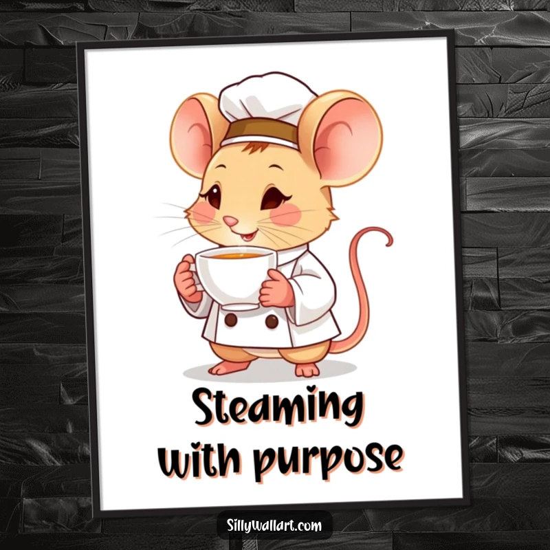 Funny poster art of a determined little mouse chef proudly holding a tiny, steaming teacup, embodying focus and quiet accomplishment.