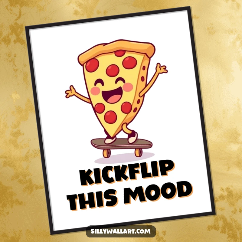 Funny pizza slice performing a daring cartwheel on a skateboard, presented as vibrant wall art for a humorous and energetic touch.