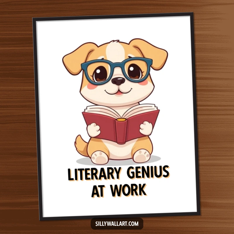Funny poster artwork of a dog wearing reading glasses, holding a book aloft, symbolizing intellectual curiosity and a love for reading, a humorous wall decoration.