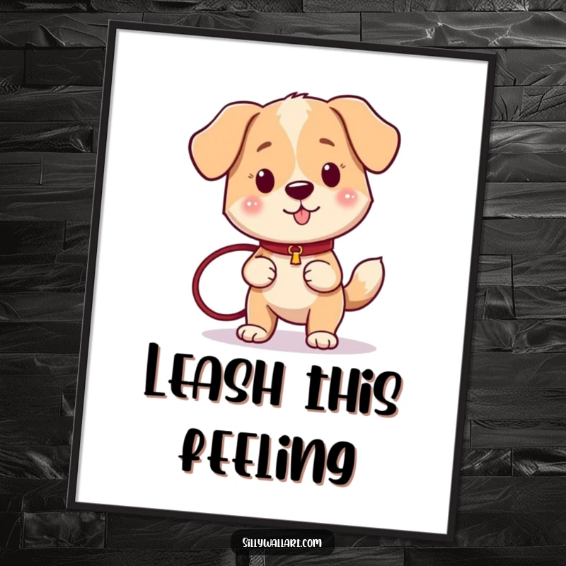 Funny dog with a vigorously wagging tail, holding a leash, poised for action, on a vibrant poster.