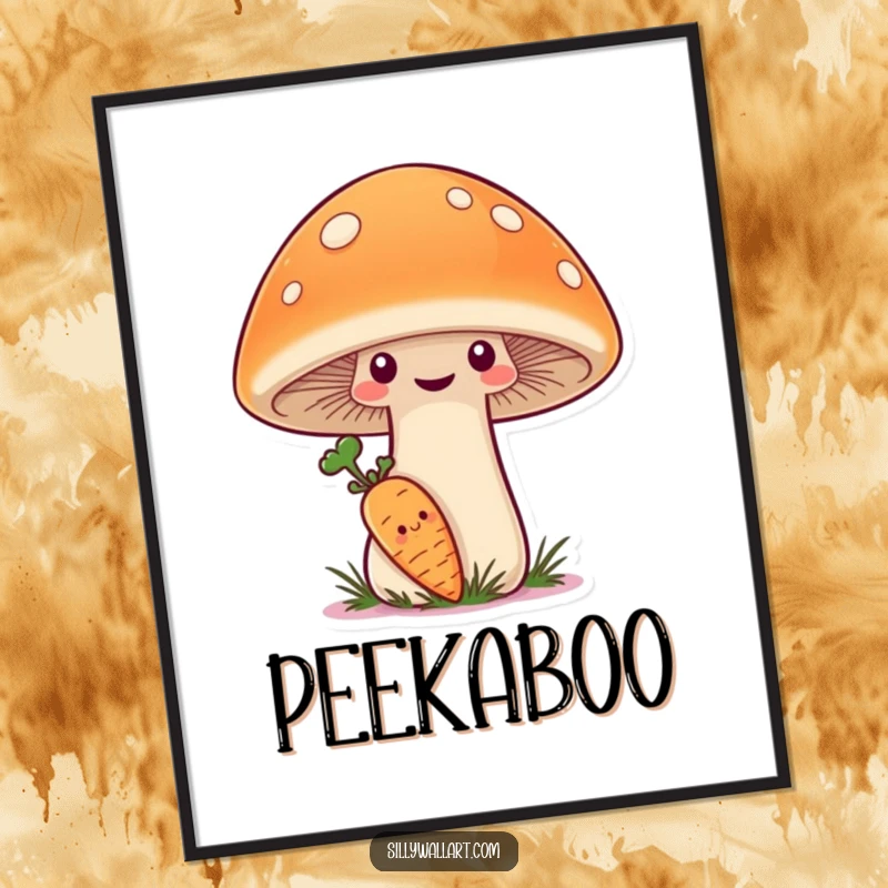 Funny Poster of a shy carrot hiding behind a giant, smiling mushroom, perfect for garden decor.