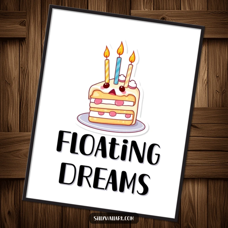 Funny poster art of a surprised slice of cake with candles floating upwards like balloons, adding whimsical birthday charm to decor.