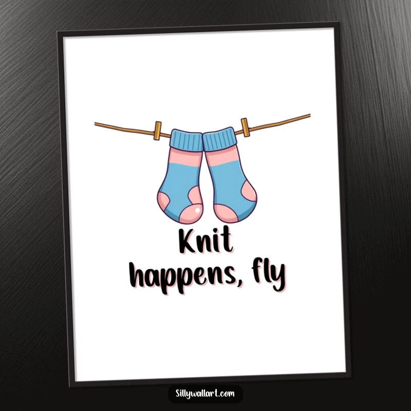 Funny poster, socks comically tangled on a clothesline like kites, perfect for adding humor to any room.