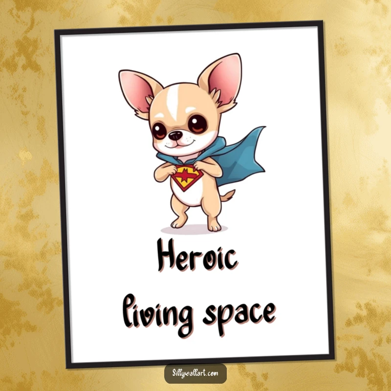 Funny poster print of a chihuahua in a superhero cape, striking a dynamic pose. Heroic and humorous dog-themed wall art.