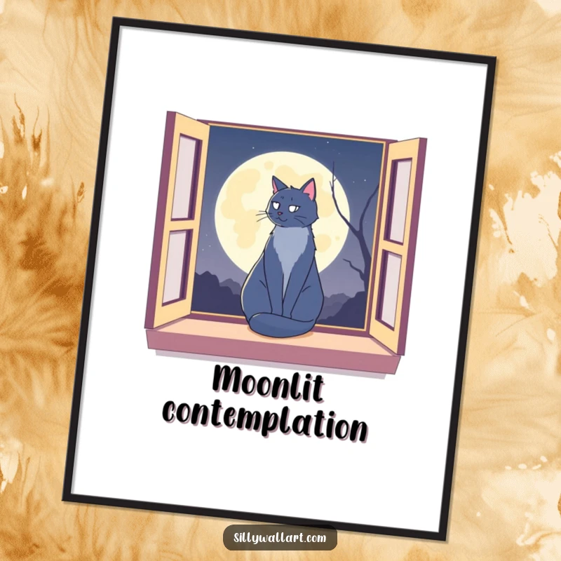 Funny cat silhouetted on a window sill against a moon on a poster, ideal for serene and humorous wall art.