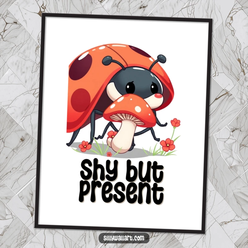 Funny shy mushroom poster depicting a mushroom peeking from behind a giant, laughing ladybug, whimsical forest art.