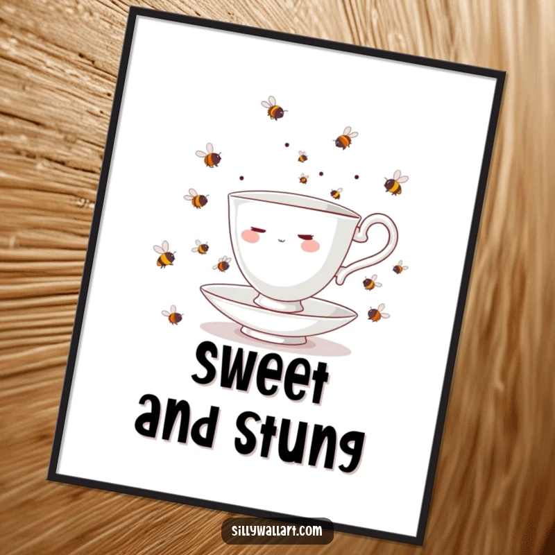 Funny teacup character, overwhelmed by juggling a swarm of bees, presented as humorous wall art poster.