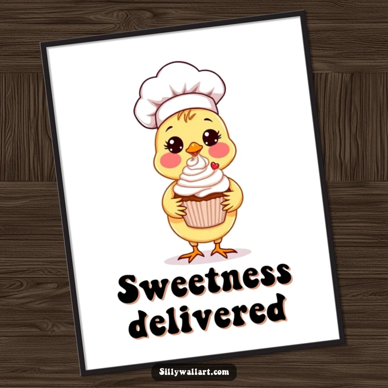 Funny Chick Chef Poster depicting a sweet chick chef proudly presenting a beautifully decorated cupcake with a flourish.