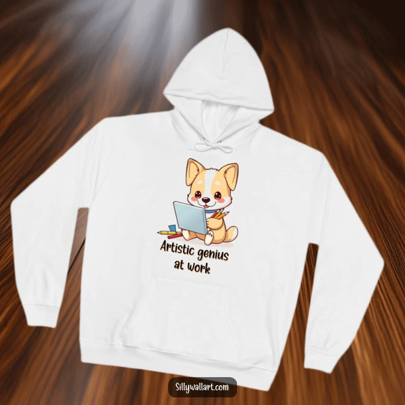 Funny Hoodie: An inspired dog artist character holding a sketchbook and pencils, looking deeply focused and creative.