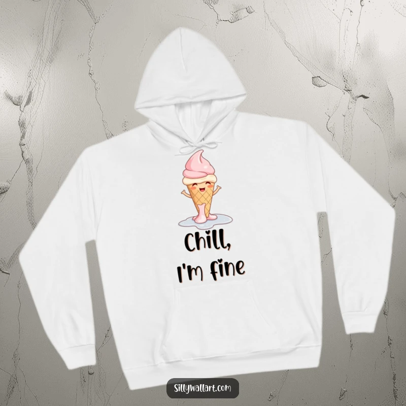Funny ice cream hoodie featuring a giggling cone melting into a puddle with a shrug, perfect for cozy, humorous vibes.