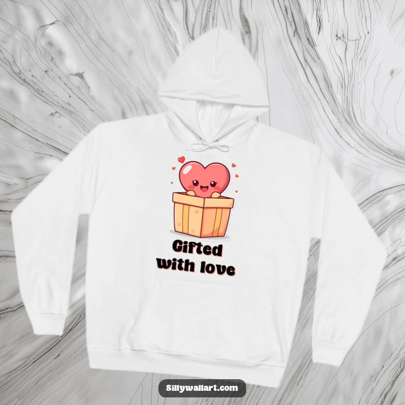 Funny hoodie: A cheerful heart character emerging from a gift box, offering warmth and a delightful surprise.
