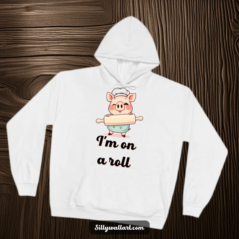 Funny Pig Chef Hoodie featuring a winking pig chef with a gigantic rolling pin, ready for cozy baking adventures.