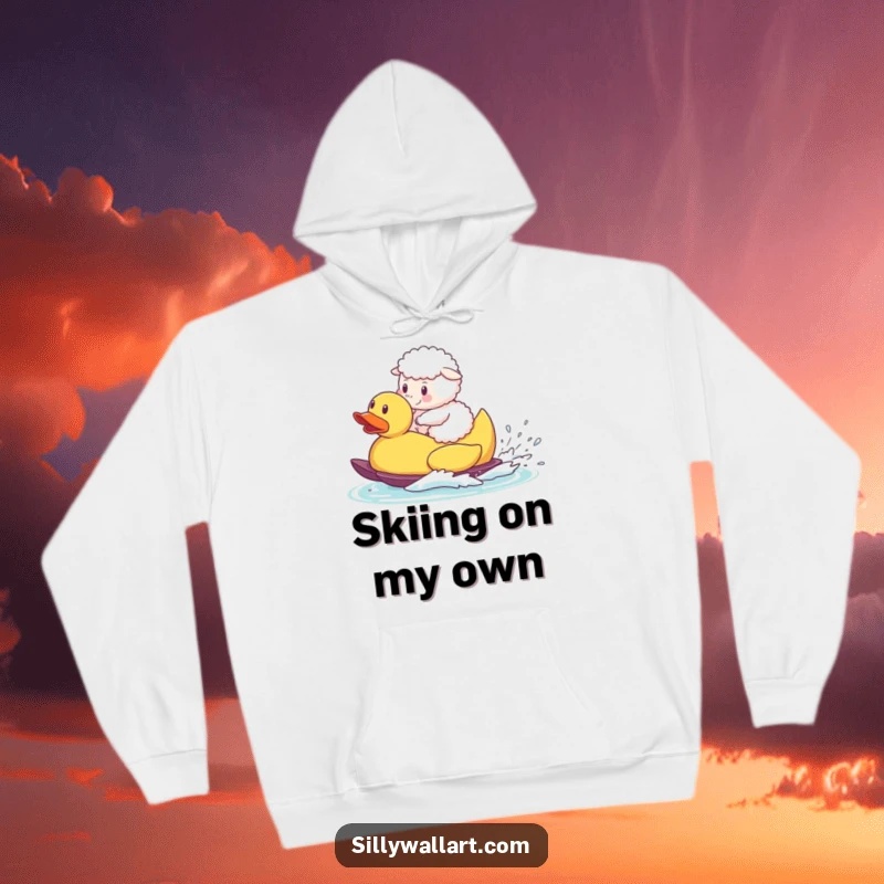 Funny hoodie, a fluffy sheep waterskiing on a big rubber duck, bringing cozy farm humor.