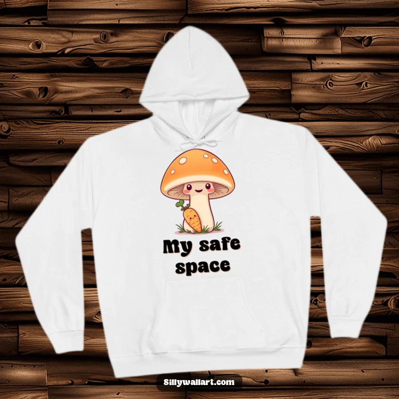 Funny Hoodie with a shy carrot hiding behind a giant, smiling mushroom, cozy and charming.