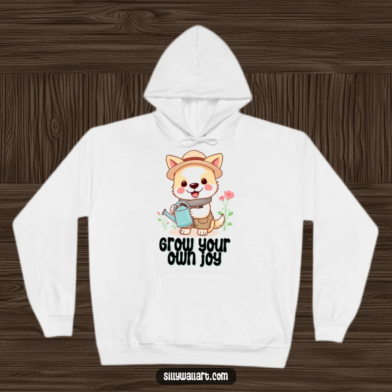 Funny gardener dog hoodie, cheerful dog in gardening clothes with a watering can, warm and amusing apparel.