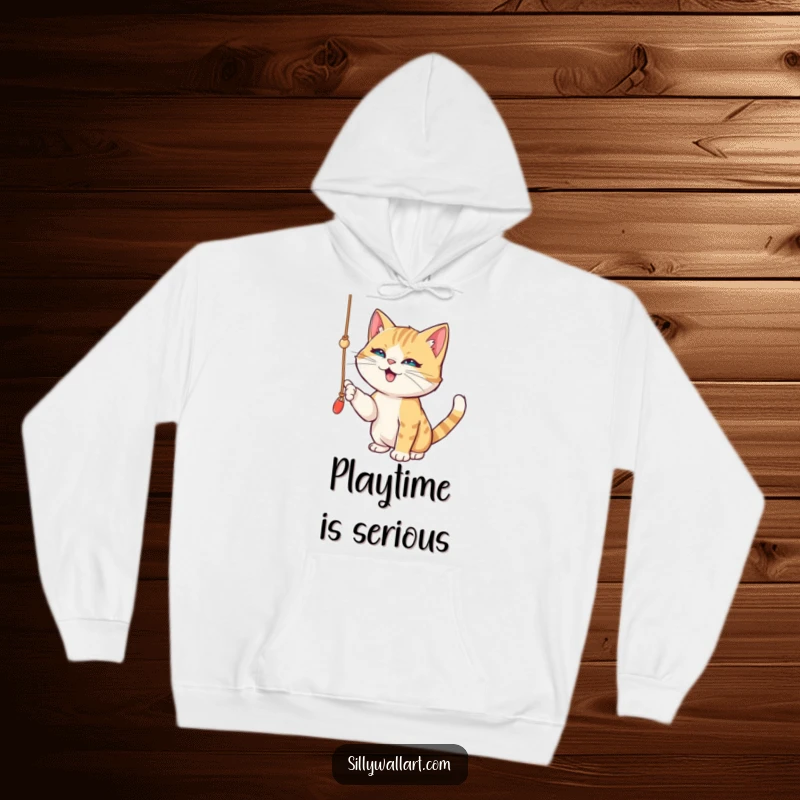Funny hoodie illustrating a playful cat enthusiastically batting at a dangling string, a mischievous sparkle in its determined eyes.
