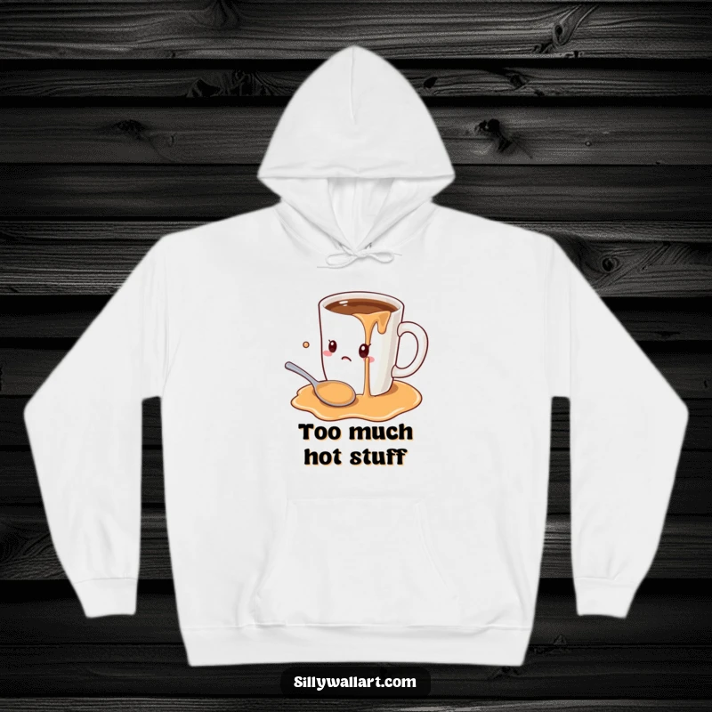 Funny oversized coffee mug comically overflowing onto a startled spoon, featured on a cozy hoodie for warm, humorous wear.
