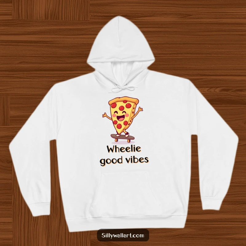 Funny pizza athlete doing a cartwheel on a skateboard, captured in a cozy hoodie, perfect for casual, humorous wear.