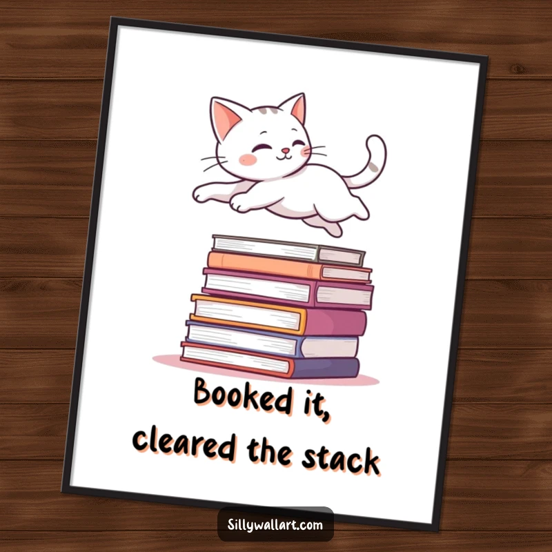 Funny Free Printable Wall Art: A sleek cat is captured mid-air, gracefully leaping over a stack of books.