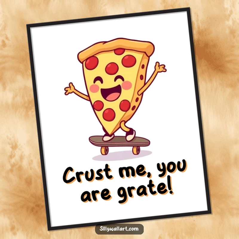 Funny free printable wall art of a cheerful pizza doing a cartwheel on a skateboard in mid-air.