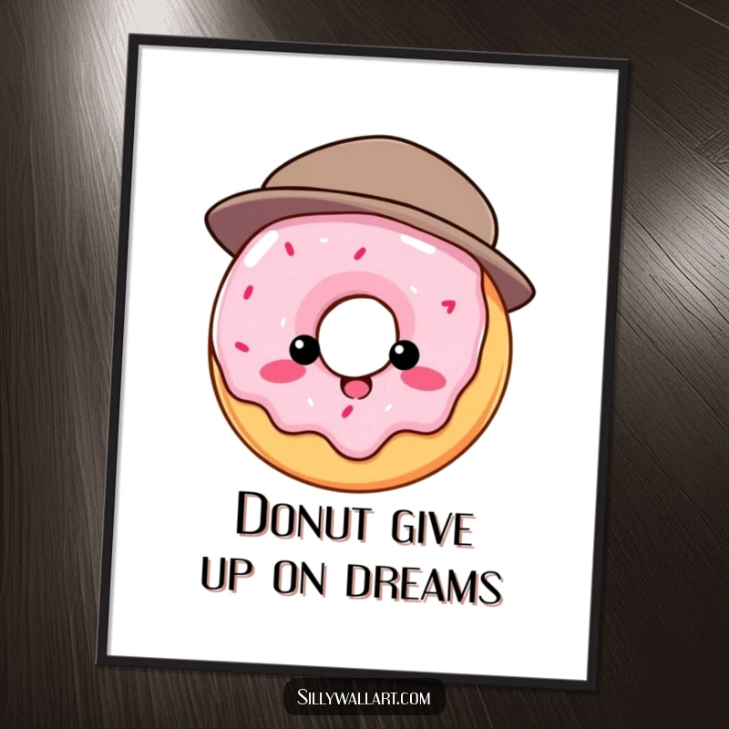 Funny free printable wall art showing a round donut comically trying to fit into a comically small hat, a whimsical and sweet design.