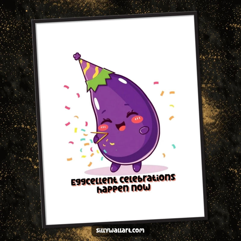 Funny Free Printable Wall Art: A beaming eggplant in a party hat exuberantly blows a confetti popper, bringing joy.
