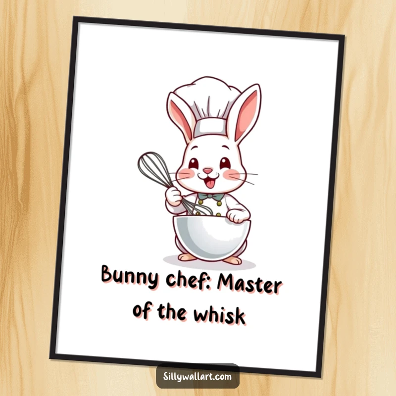 Funny free printable bunny chef wall art, a cute bunny chef with a tall hat joyfully whisking with a huge smile.