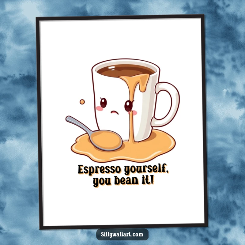 Funny free printable wall art of a huge coffee mug overflowing with liquid onto a very startled spoon below.