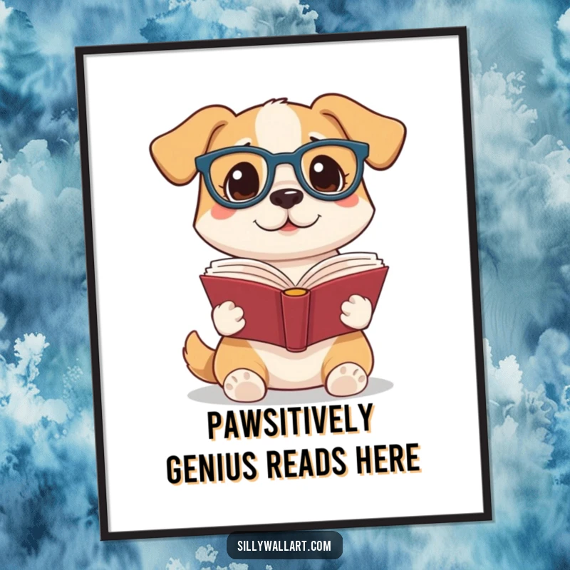 Funny Free Printable dog wearing reading glasses holding book aloft, looking studious, perfect for humorous wall art.