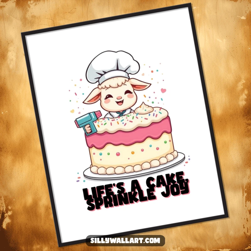 Funny Free Printable Wall Art of a giggling lamb chef with a sprinkle gun frosting a cake, adding playful decor.