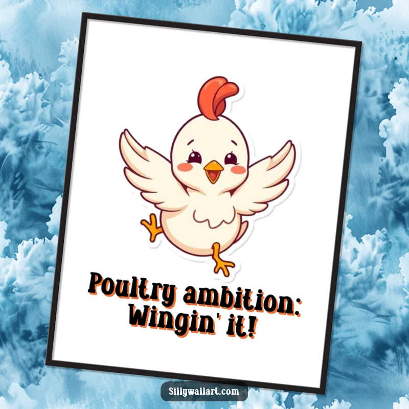 Funny Free Printable Wall Art: A delighted rubber chicken with tiny wings tries to fly, bringing absurd humor.