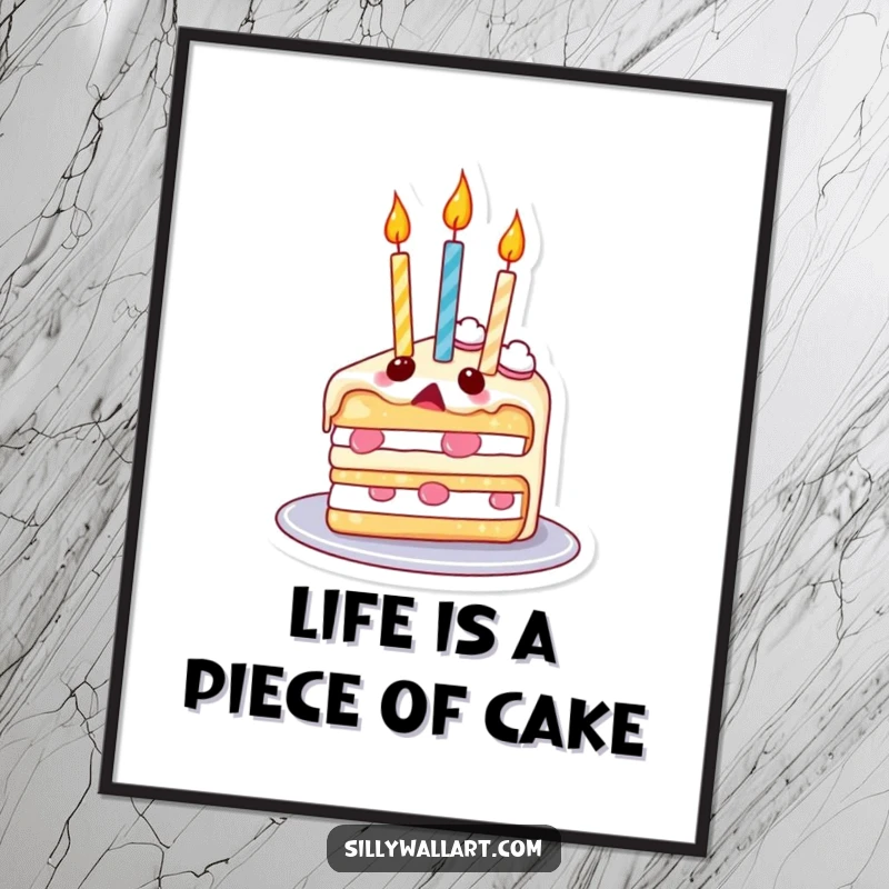 Funny Free Printable Wall Art: A surprised slice of cake with candles acting as balloons floats upwards, adding playful decor.