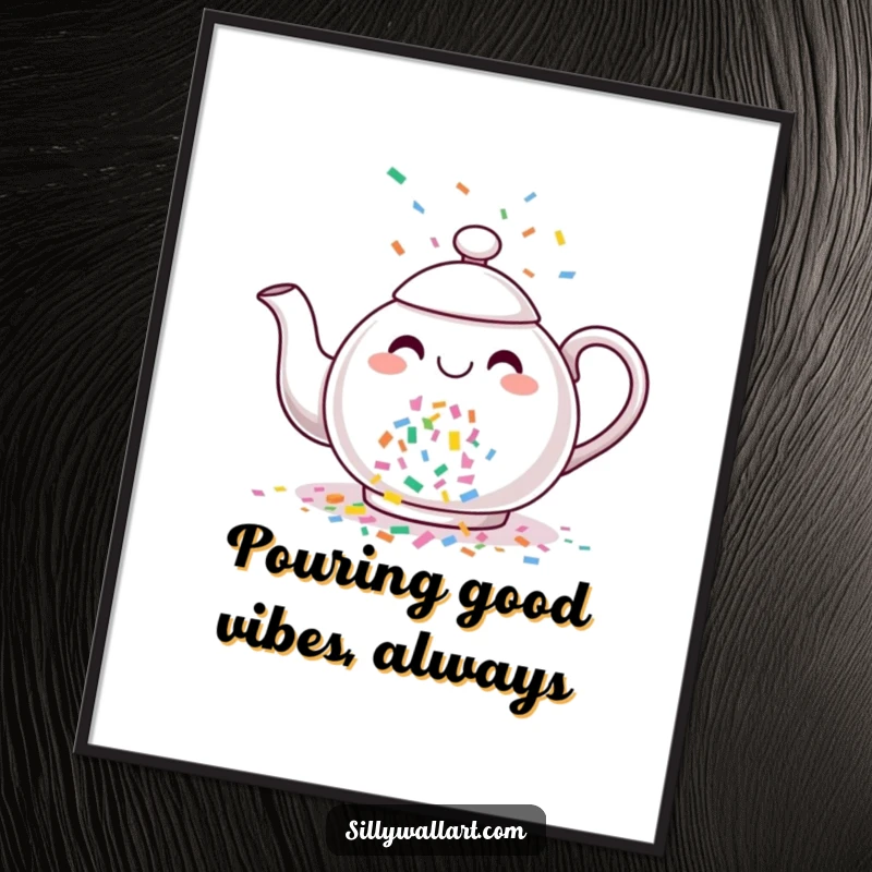 Funny Free Printable Wall Art: A whimsical teapot bursting with colorful confetti, creating a joyful and festive atmosphere.