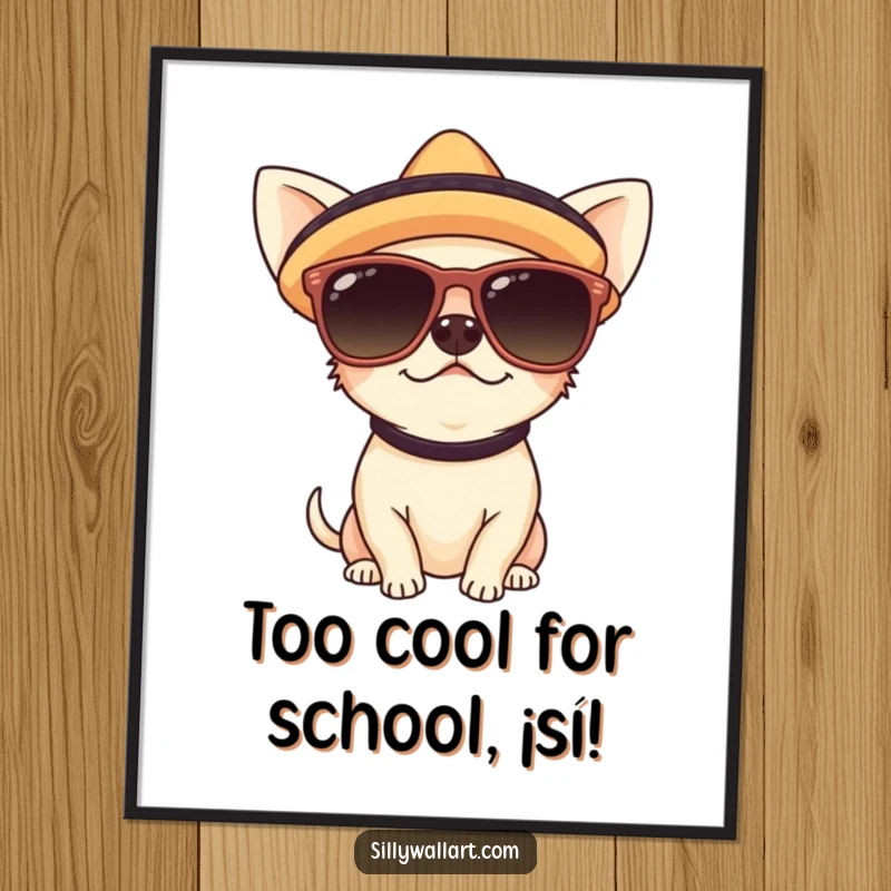 Funny Free Printable Wall Art: A cute chihuahua is ready for a party, sporting oversized sunglasses and a tiny sombrero with personality.