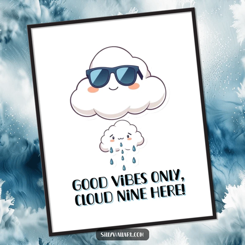 Funny Free Printable Wall Art of a proud cloud wearing sunglasses floating above a worried rain cloud, creating a humorous and stylish decor piece.