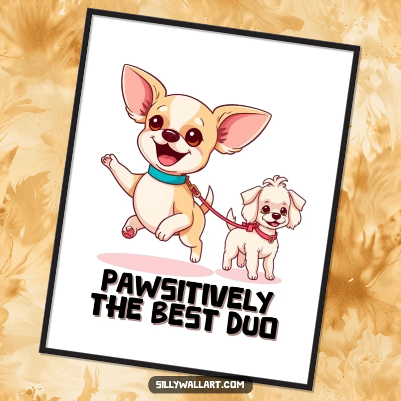 Funny Free Printable Wall Art: A chihuahua excitedly leads a tiny poodle on a leash, creating a humorous and charming doggy parade scene.