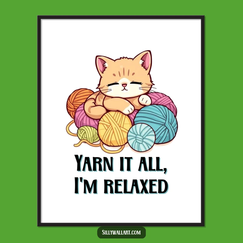 Free Printable Wall Art: Relaxed Cat on Yarn, Funny Downloadable Art for Cozy Home Decor
