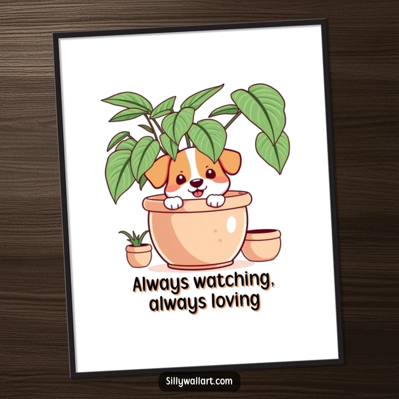 Funny Free Printable Wall Art: A cheerful dog peeking mischievously from behind a large plant, adding a touch of humor.